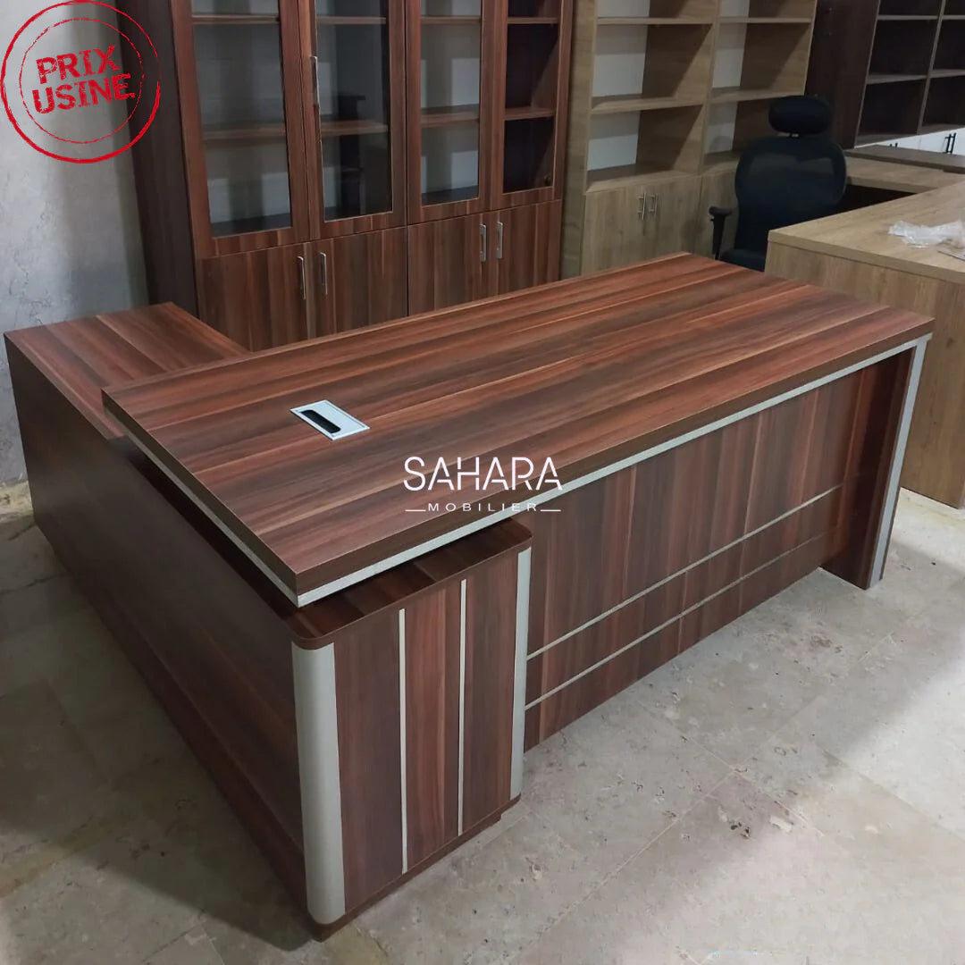 Bureau en bois mélaminé marron avec retour