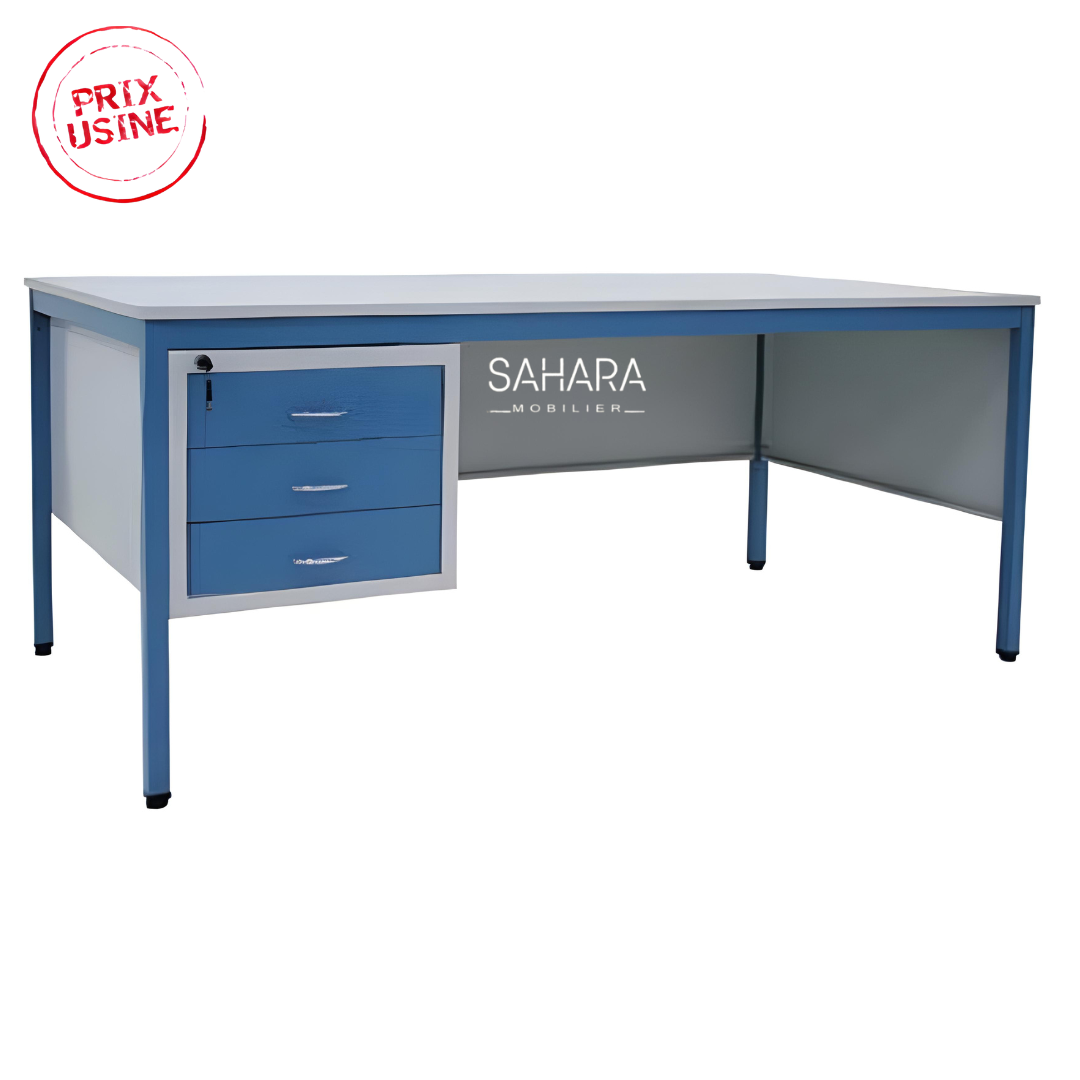 Bureau bleu, équipé d'un caisson fixe.