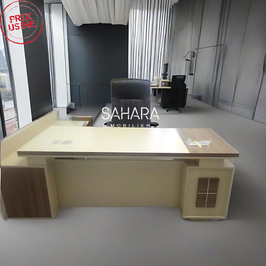 bureau en beige exposé d'un espace professionnel avec un fauteuil de direction en simili cuir