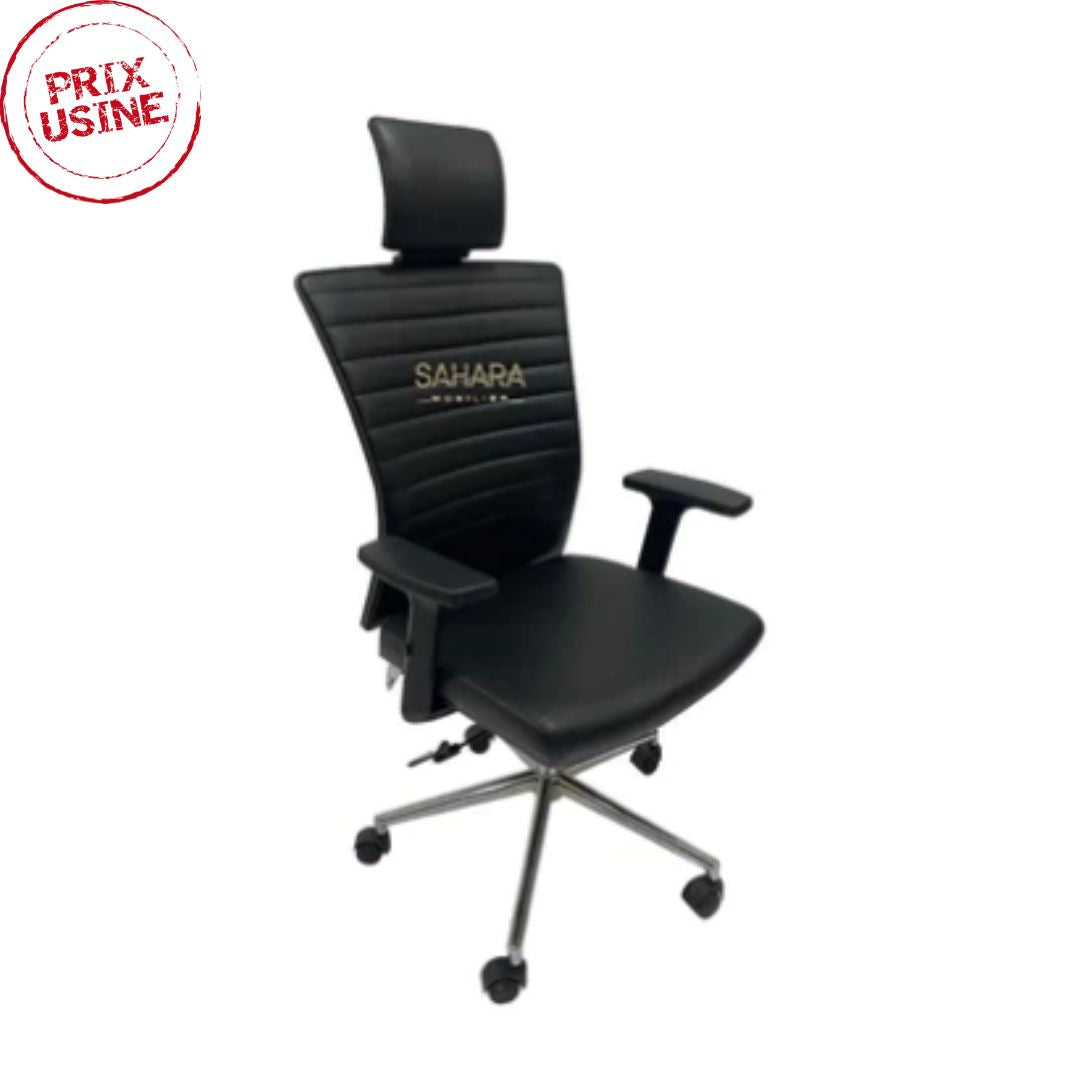 Fauteuil de bureau en simili cuir noir avec accoudoirs en PU sur 5 branches chromé